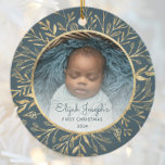 Babys 1st Christmas Photo Gold Foliage Teal Round Ceramic Ornament<br><div class="desc">Celebrate baby's first Christmas with this beautiful keepsake ornament. Easily replace the sample image with your own favourite photo and customise it with baby's name in teal blue script font and the year below. A white gradient screen helps make the text pop. The photo is set off by an elegant...</div>
