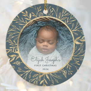 Babys 1st Christmas Photo Gold Foliage Teal Round Ceramic Ornament