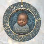 Babys 1st Christmas Photo Gold Foliage Teal Round Ceramic Ornament<br><div class="desc">Celebrate baby's first Christmas with this beautiful keepsake ornament. Easily replace the sample image with your own favourite photo and customise it with baby's name in gold-coloured script font and the year below. A black gradient screen helps make the text pop. The photo is set off by an elegant round...</div>