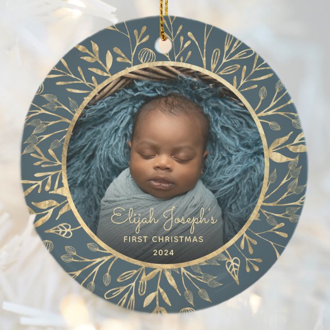 Babys 1st Christmas Photo Gold Foliage Teal Round Ceramic Ornament (Creator Uploaded)
