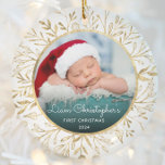 Babys 1st Christmas Photo Gold Foliage White Round Ceramic Ornament<br><div class="desc">Celebrate baby's first Christmas with this beautiful keepsake ornament. Easily replace the sample image with your own favourite photo and customise it with baby's name in white script font and the year below. A black gradient screen helps make the text pop. The photo is set off by an elegant round...</div>