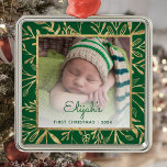 Babys 1st Christmas Photo Green Gold Foliage Metal Ornament<br><div class="desc">Celebrate baby's first Christmas with this beautiful keepsake ornament. Easily replace the sample image with your own favourite photo and customise it with baby's name in green script font and the year below. A white gradient screen helps make the text pop. The photo is set off by an elegant square...</div>