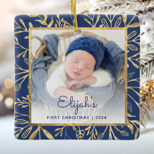 Babys 1st Christmas Photo Navy Blue Gold Foliage Ceramic Ornament