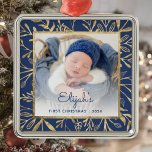 Babys 1st Christmas Photo Navy Blue Gold Foliage Metal Ornament<br><div class="desc">Celebrate baby's first Christmas with this beautiful keepsake ornament. Easily replace the sample image with your own favourite photo and customise it with baby's name in navy blue script font and the year below. A white gradient screen helps make the text pop. The photo is set off by an elegant...</div>