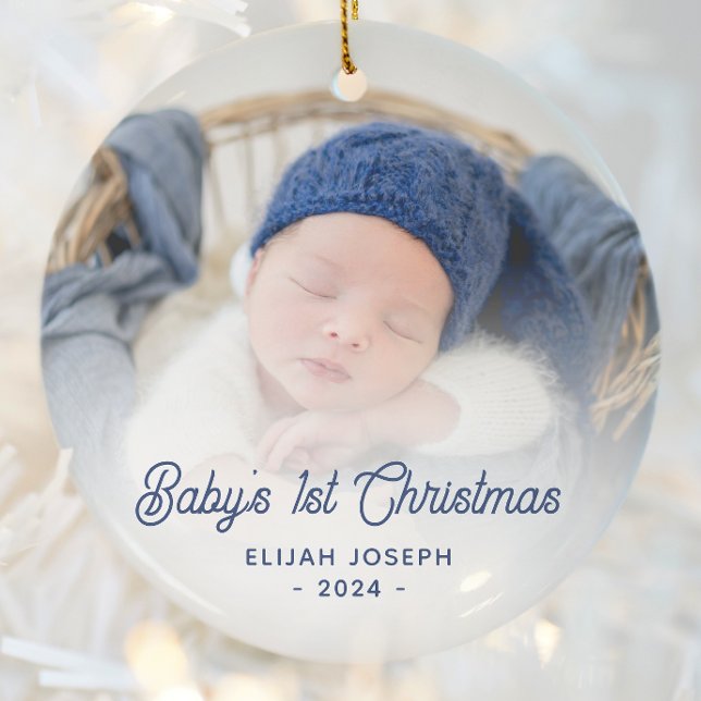 Baby's 1st Christmas Photo Navy Blue Retro Script Ceramic Ornament (Creator Uploaded)