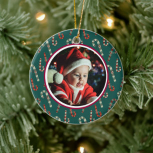 Baby's 1st Christmas Photo Red & Green Candy Canes Ceramic Ornament