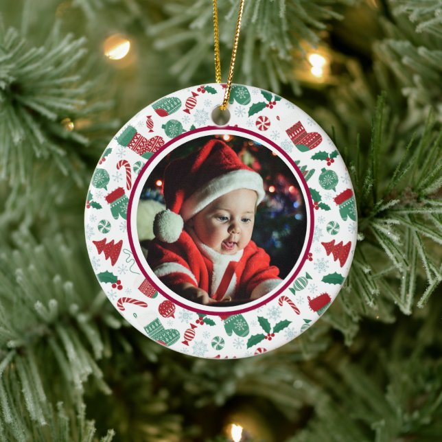 Baby's 1st Christmas Photo Red & Green Icons Ceramic Ornament (Tree)