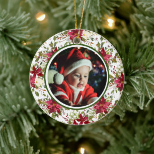Baby's 1st Christmas Photo Red Pointsettias  White Ceramic Ornament