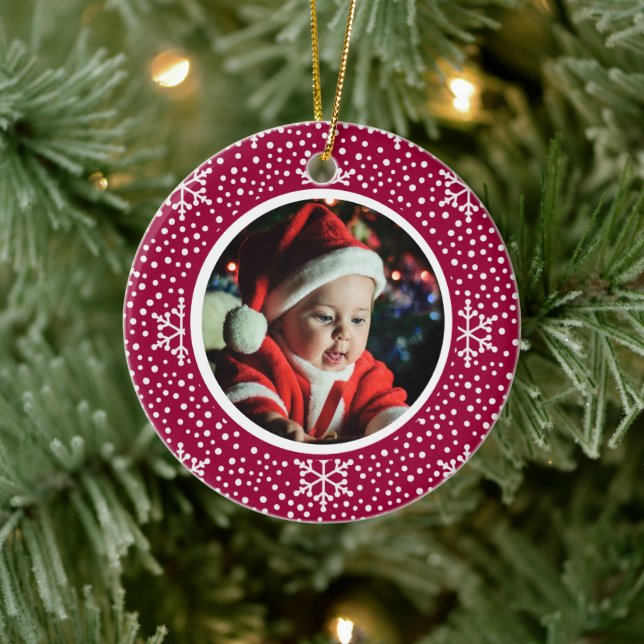 Baby's 1st Christmas Photo Red White Snowflakes Ceramic Ornament (Tree)