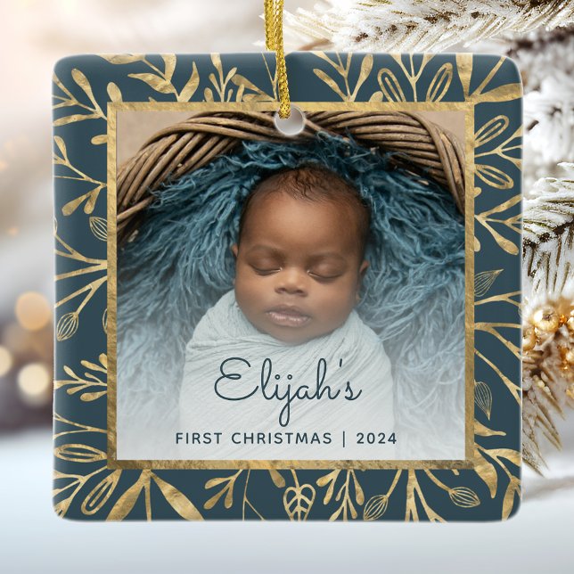 Babys 1st Christmas Photo Teal Blue Gold Foliage Ceramic Ornament (Creator Uploaded)