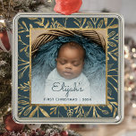 Babys 1st Christmas Photo Teal Blue Gold Foliage Metal Ornament<br><div class="desc">Celebrate baby's first Christmas with this beautiful keepsake ornament. Easily replace the sample image with your own favourite photo and customise it with baby's name in teal blue script font and the year below. A white gradient screen helps make the text pop. The photo is set off by an elegant...</div>
