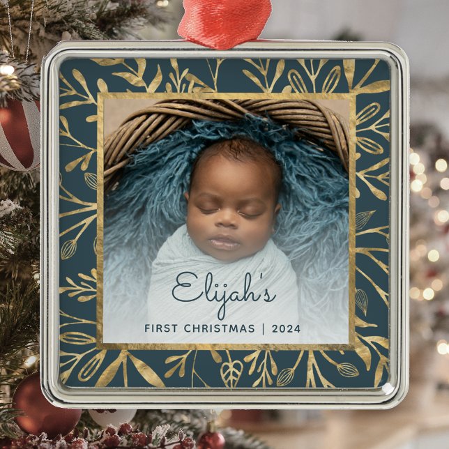 Babys 1st Christmas Photo Teal Blue Gold Foliage Metal Ornament (Creator Uploaded)