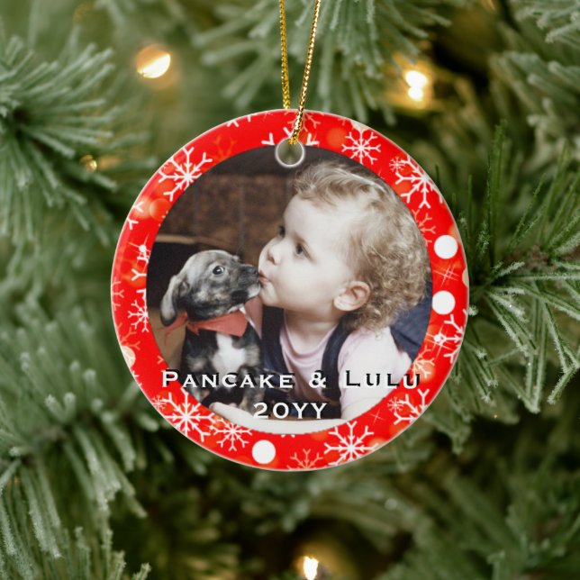 Baby's 1st Christmas Photo with Pet Red Snowflakes Ceramic Ornament (Tree)