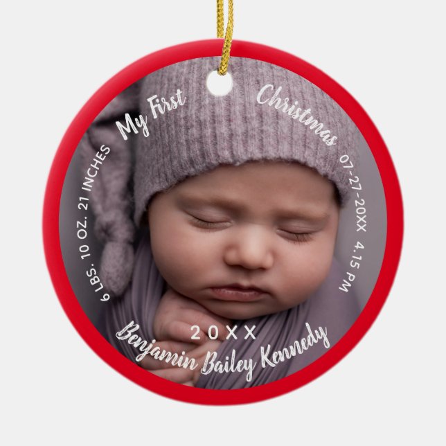 Baby's 1st Christmas Photos Birth Stats Baby name  Ceramic Ornament (Front)