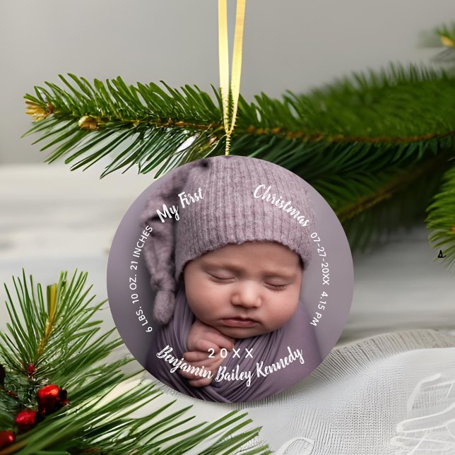 Baby's 1st Christmas Photos Birth Stats Baby name Ceramic Ornament (Creator Uploaded)