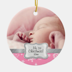 Baby's 1st Christmas.  Pink and White Snowflakes Ceramic Ornament