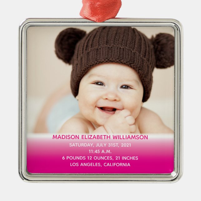 Baby's 1st Christmas Pink Keepsake Photo Metal Ornament (Front)