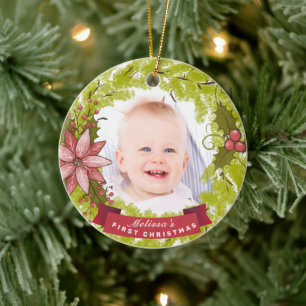 Baby's 1st Christmas Poinsettia Mistletoe Wreath Ceramic Ornament