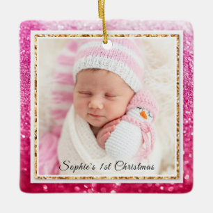 Baby's 1st Christmas Purple Glitter Name Photo Ceramic Ornament