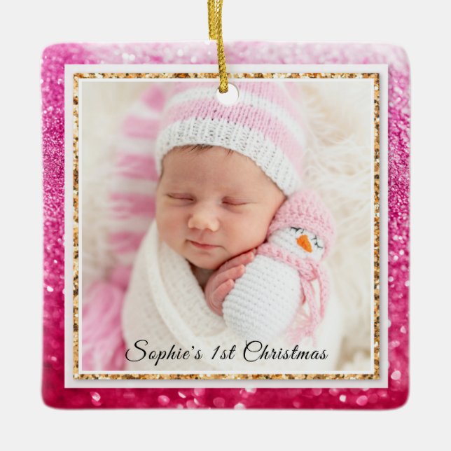 Baby's 1st Christmas Purple Glitter Name Photo Ceramic Ornament (Front)