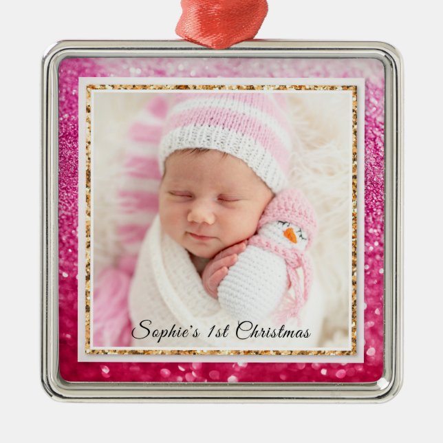 Baby's 1st Christmas Purple Glitter Name Photo Metal Ornament (Front)