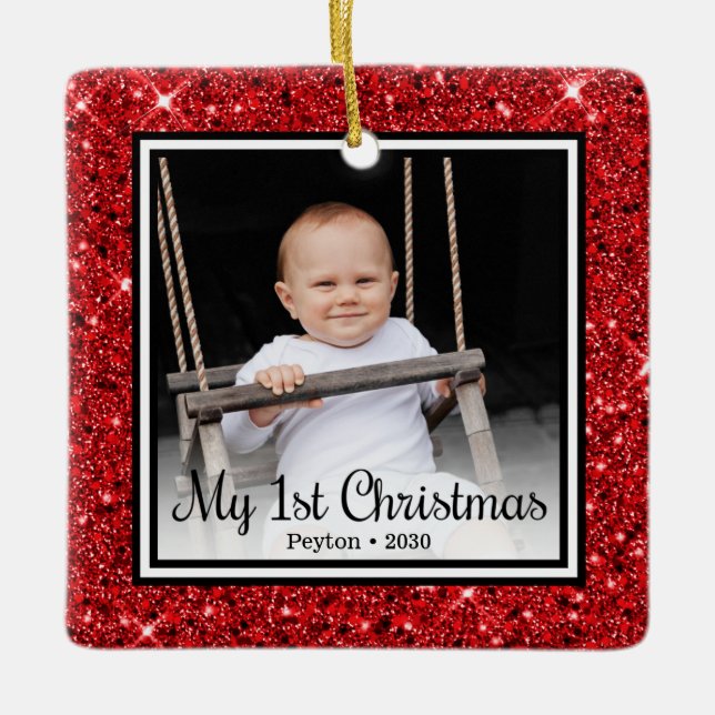 Baby's 1st Christmas Red Glitter Ceramic Ornament (Front)