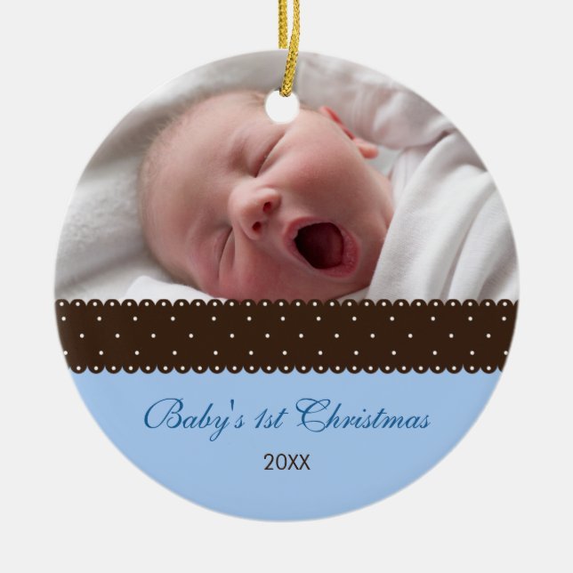 Baby's 1st Christmas - Ribbon (blue) Ceramic Ornament (Front)