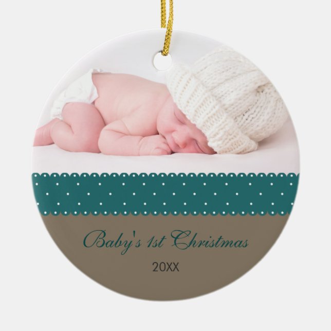 Baby's 1st Christmas - Ribbon (grey) Ceramic Tree Decoration (Front)