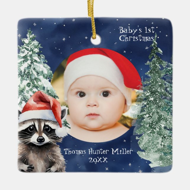 Baby's 1st Christmas Santa Racoon Ceramic Ornament (Front)