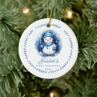 Baby's 1st Christmas Snowman 2 Sided Photo Ceramic Ornament