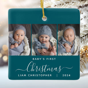 Baby's 1st Christmas Teal Blue 3 Photo Script Ceramic Ornament