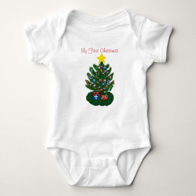Baby's 1st Christmas Yellow Star Christmas Tree Baby Bodysuit (Front)