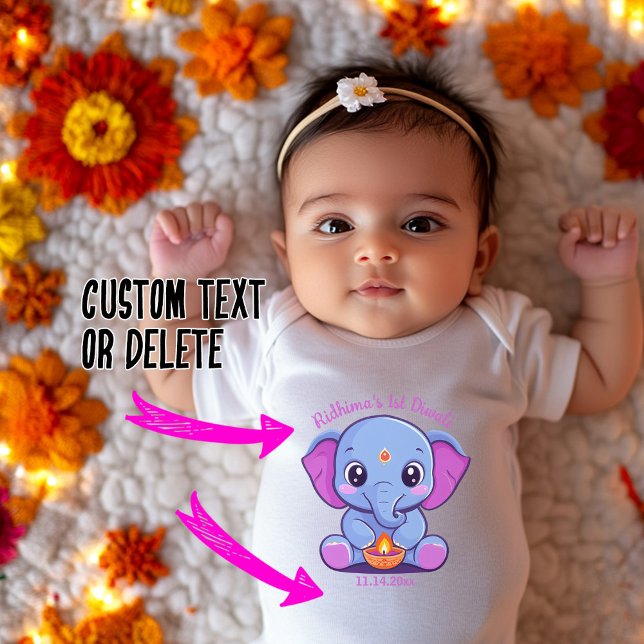Baby's 1st Diwali with cute elephant Baby Bodysuit (Baby's 1st Diwali with cute elephant Baby Bodysuit with custom text)