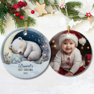 Baby's 1st First Christmas Cute Bear Custom Ceramic Ornament