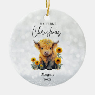 Baby's 1st First Christmas Highland Cow Sunflowers Ceramic Ornament