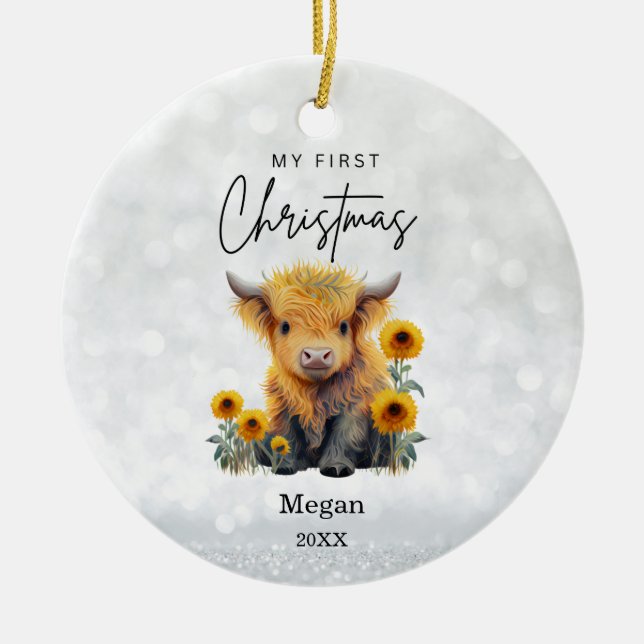 Baby's 1st First Christmas Highland Cow Sunflowers Ceramic Ornament (Front)
