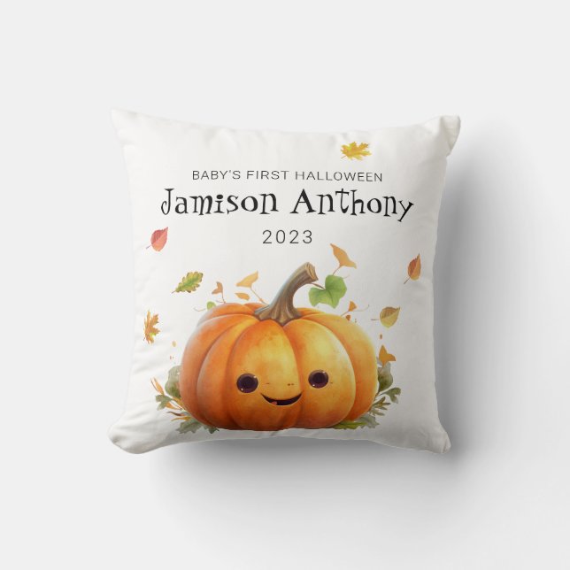 Babys 1st Halloween Cute Pumpkin & Leaves Cushion (Front)
