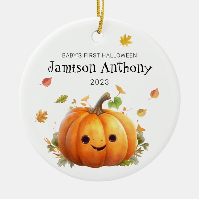 Babys 1st Halloween Cute Pumpkin & Leaves Ornament (Front)