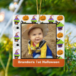 Baby's 1st Halloween Photo Cute Personalised Ceramic Ornament<br><div class="desc">This adorable baby's first Halloween ornament is perfect for new parents who love October. This cute Halloween baby 1st ornament features a smiling Jack O' Lantern,  a spooky black spider and two different delicious cupcakes with witch's hats on top for a trick or treat delight.</div>