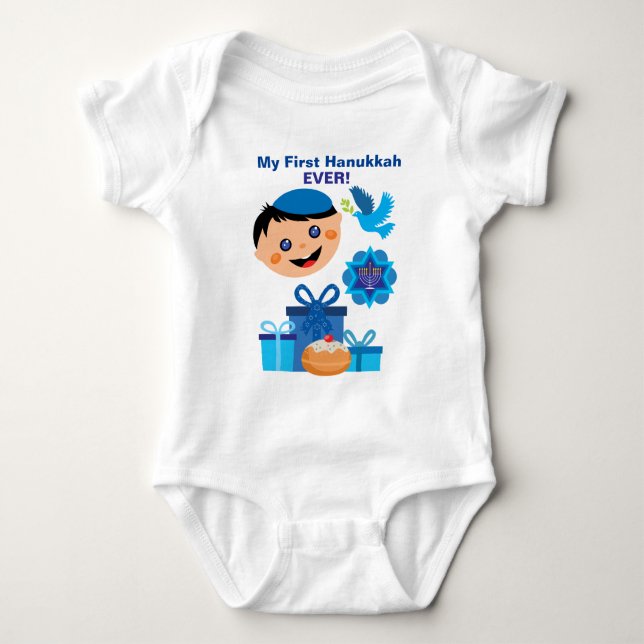 👶🍩Baby's 1st Hanukkah - with happy Jewish baby Baby Bodysuit (Front)