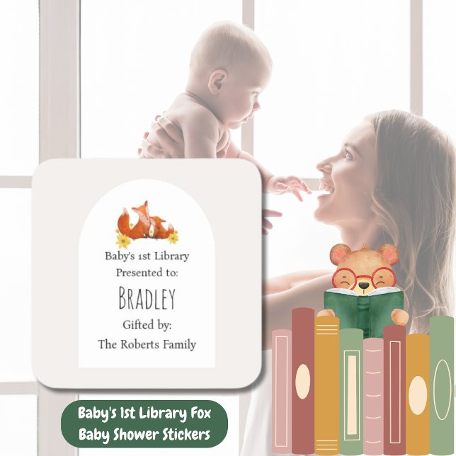 Baby's 1st Library Fox Baby Shower Bookplate  Square Sticker (Baby's 1st Library Fox Baby Shower Bookplate)