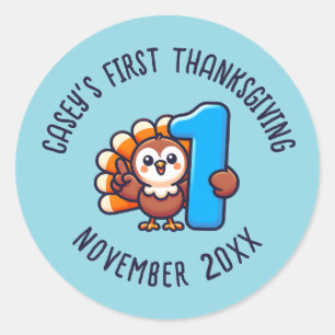 Baby's 1st Thanksgiving Custom Name & Year Turkey Classic Round Sticker