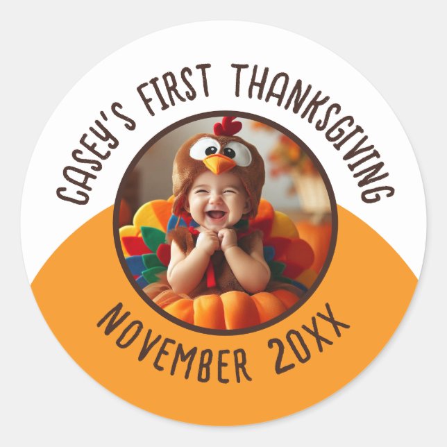 Baby's 1st Thanksgiving Custom Photo Name and Year Classic Round Sticker (Front)