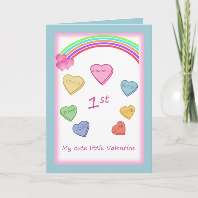 Baby's 1st Valentine - Love hearts and rainbow Holiday Card (Front)