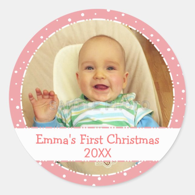 Baby's 1st Xmas Personalised Photo Pink Stickers (Front)