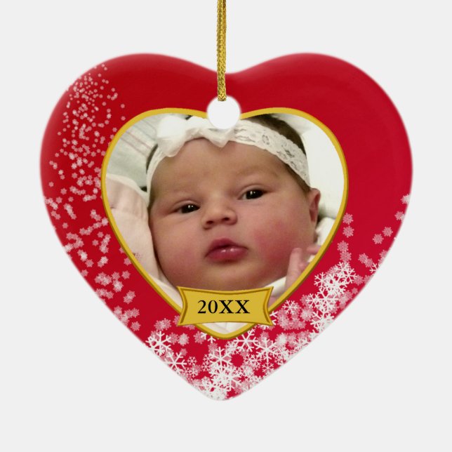 Baby's 2 Sided Photo Keepsake Snowy Red Ceramic Ornament (Back)