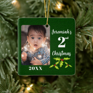 Baby's 2nd Christmas Green Faux Fabric Keepsake Ceramic Ornament