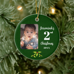 Baby's 2nd Christmas Green Faux Fabric Round Ceramic Ornament