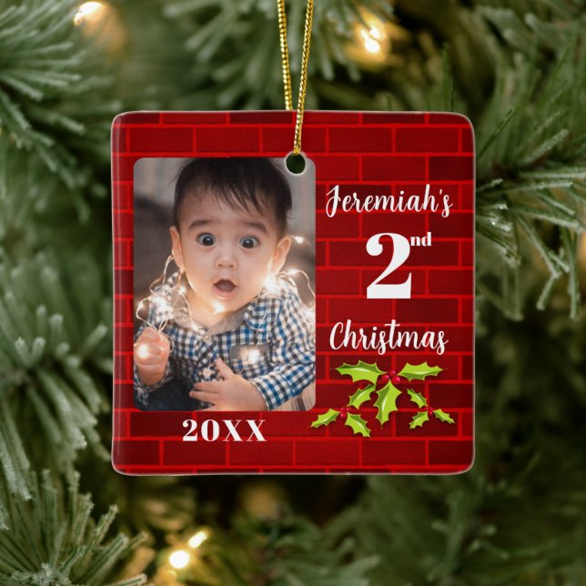 Baby's 2nd Christmas Red Brick Keepsake Ceramic Ornament (Tree)