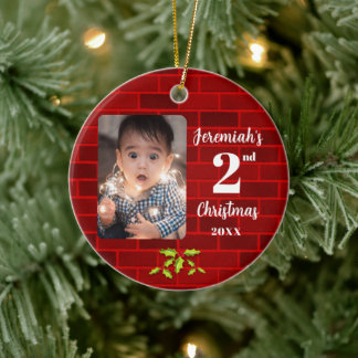 Baby's 2nd Christmas Red Brick Round Keepsake Ceramic Ornament